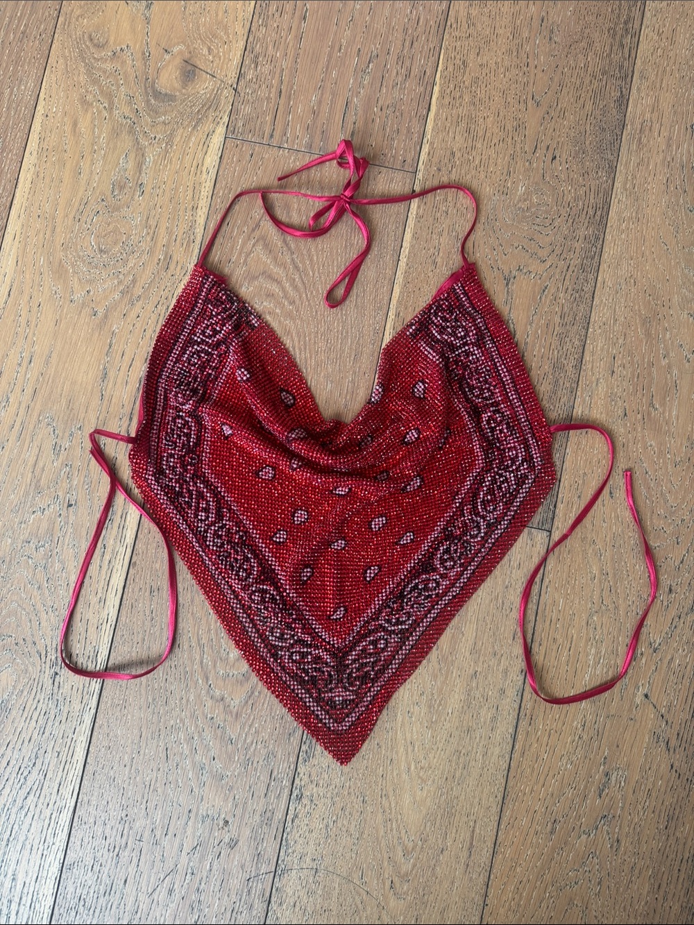 AKIRA Red Beaded Bandana Triangle Neck Scarf